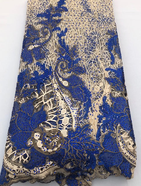 Royal Blue & Cream Flowered Tulle w/stones (Sold as a 5 yard piece)
