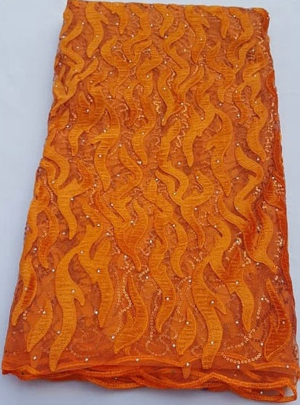 Orange Tulle w/velvet patterns (Sold as a 5 yard piece)