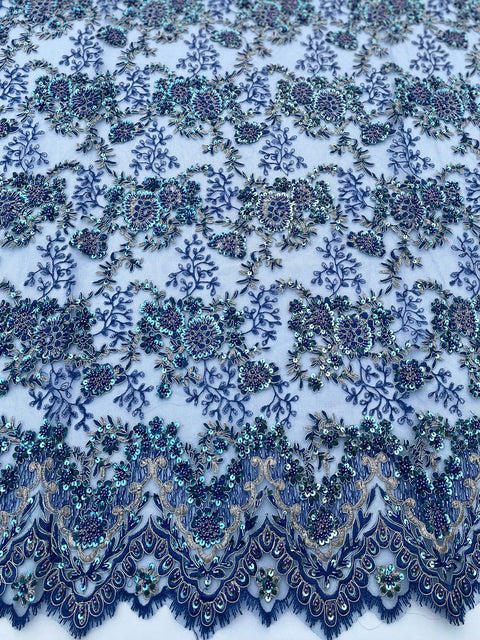 Royal blue Beaded Lace (Sold as a 1.5 yard piece)