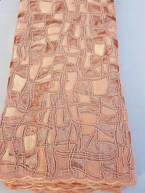 Peach Emb Sequined Fabric (Sold as a 5 yard piece)
