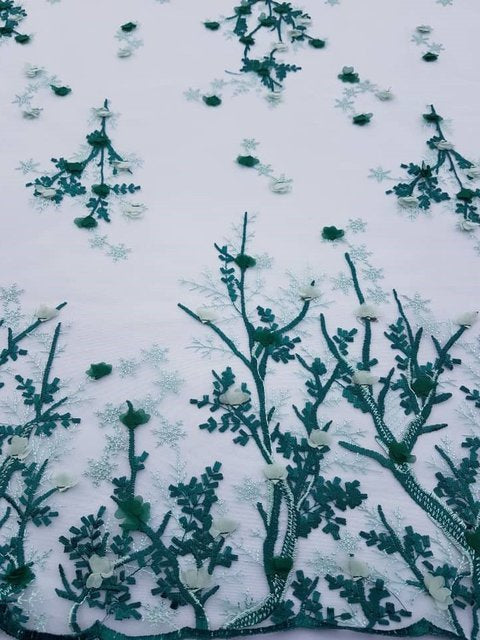 Bottle Green Flowered Tulle (Sold as a 5 yard piece)