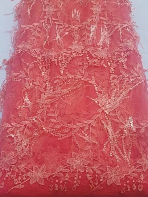 Coral Flowered Tulle (Sold as a 5 yard piece)