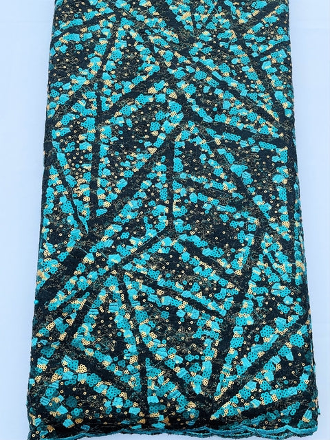 Green, Black & White Small Sequined Fabric (Sold as a 5 yard piece)