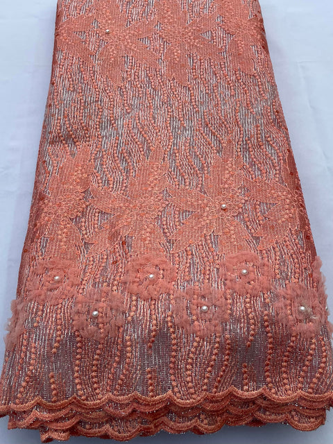 Peach Flowered Tulle (Sold as a 5 yard piece)