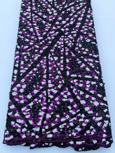 Purple, White & Black Small Sequined Fabric (Sold as a 5 yard piece)