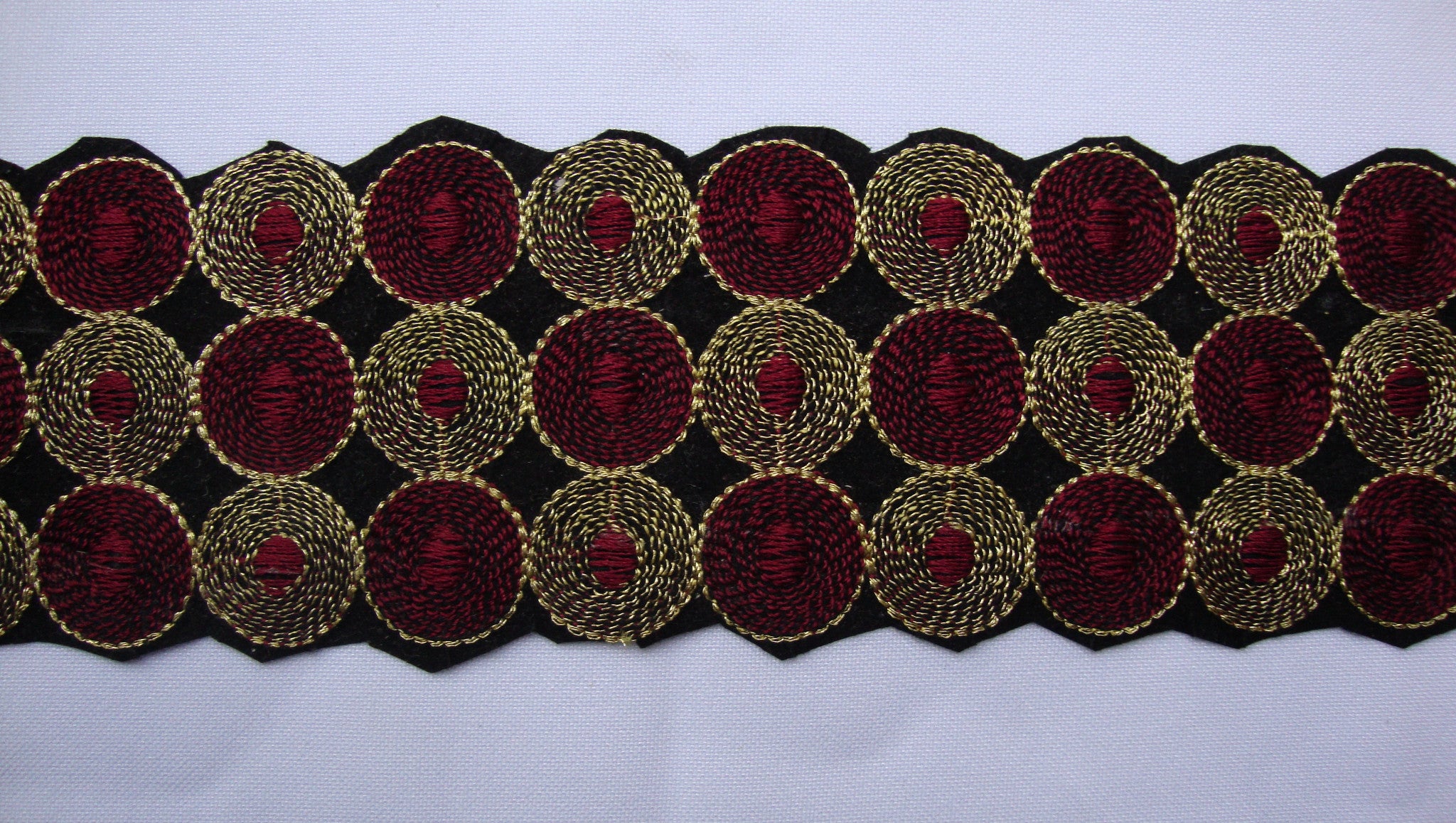Burgundy & Gold Embroidered Trimming (Sold as a 2 yard piece)