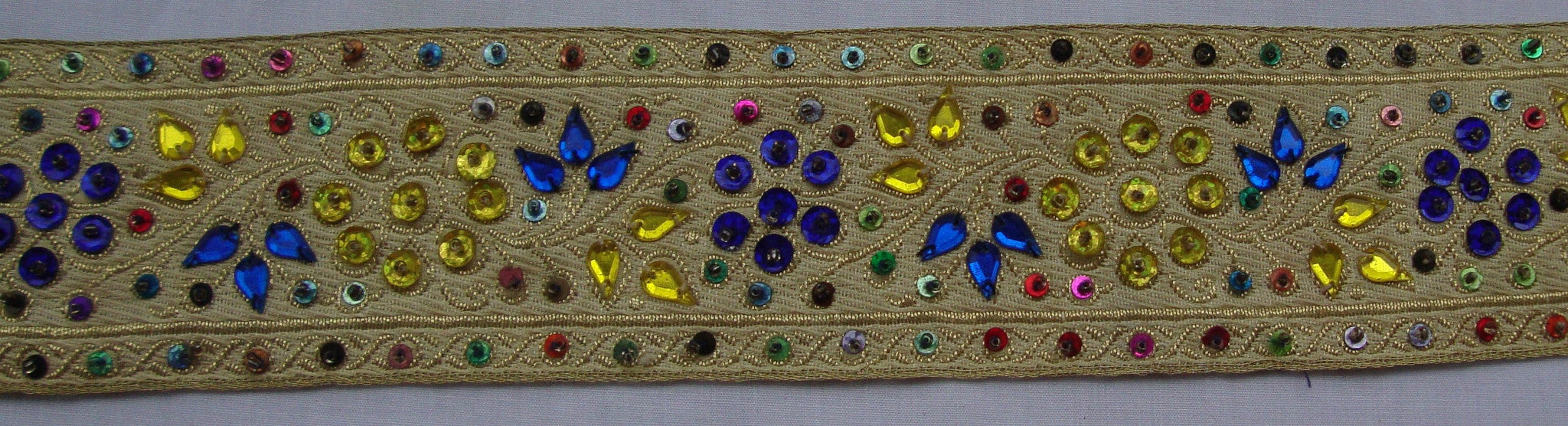 Cream Trimming with Royal Blue, Yellow Stones (Sold as a 2 yard piece)