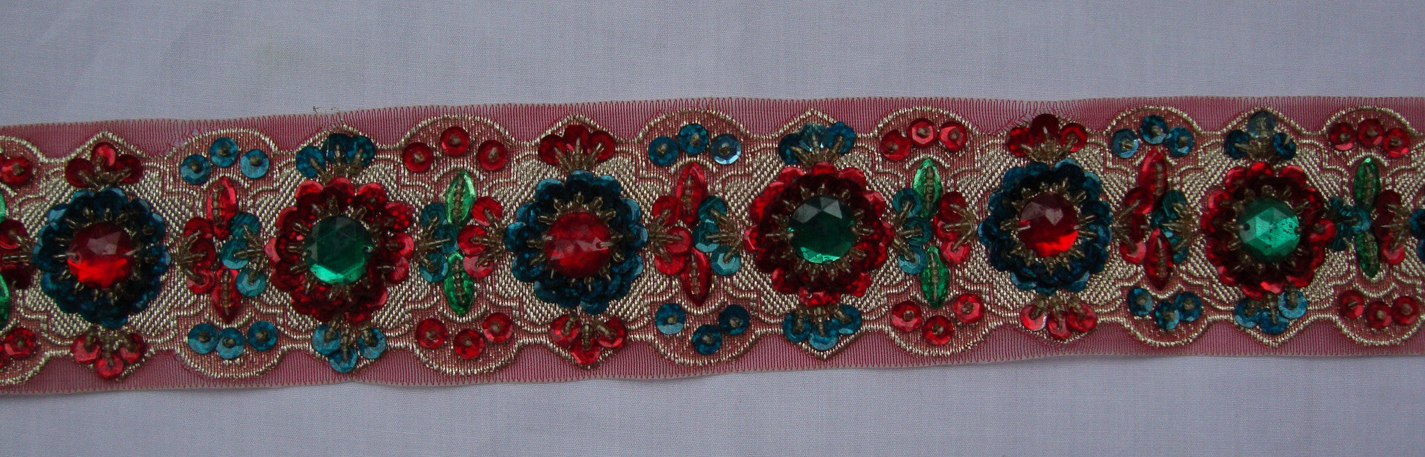 Pale Red Trimming with Coloured Stones (Sold as a 1.5 yard piece)