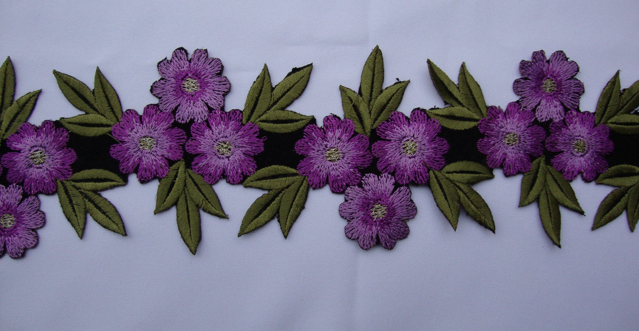 Lilac & Green Embroidered Trimming ( Sold as a 1.28 yard piece)