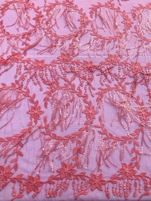 Coral Flowered Tulle (Sold as a 5 yard piece)