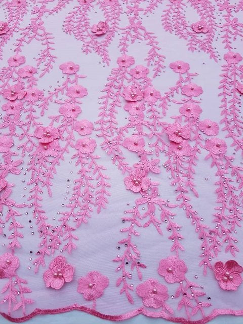 Pink Flowered Tulle (Sold as a 2 yard piece)