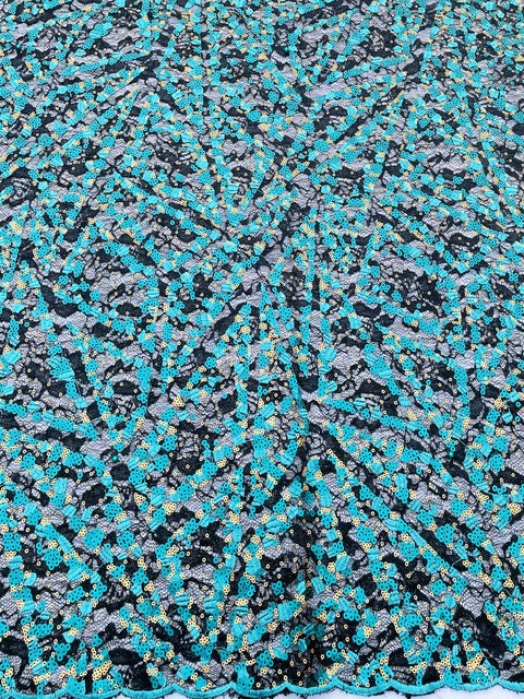 Green, Black & White Small Sequined Fabric (Sold as a 5 yard piece)