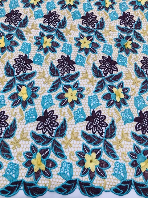 Turquoise & Brown Flowered Guipure (Sold as a 5 yard piece)