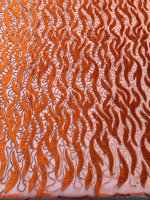 Orange Tulle w/velvet patterns (Sold as a 5 yard piece)
