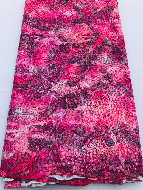 Pink Flowered Sequined Fabric (Sold as a 5 yard piece)